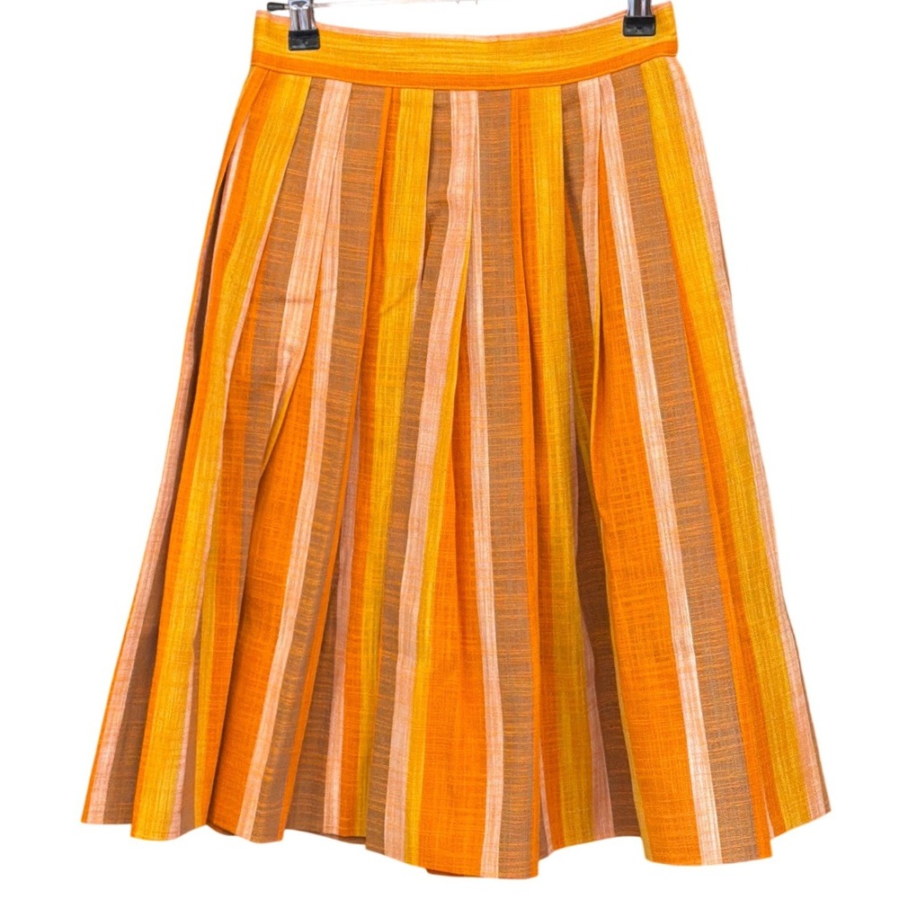Vintage 70s Handmade Pleated Midi Skirt Retro Boho Orange Stripe Fallcore Autumn